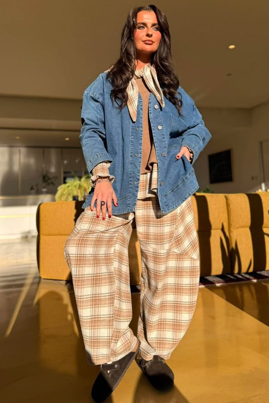 Agnes Plaid Brushed Cotton Neckerchief Blouse Camel